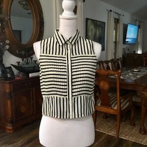 MINKPINK Black and Cream Striped Sleeveless Pleated Button-Up Blouse